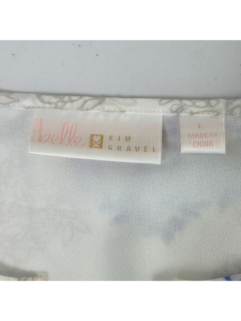 Belle Kim Gravel Floral Medallion Blouse Size L Blue Gray Embroidered A374452 - Picture 5 of 13